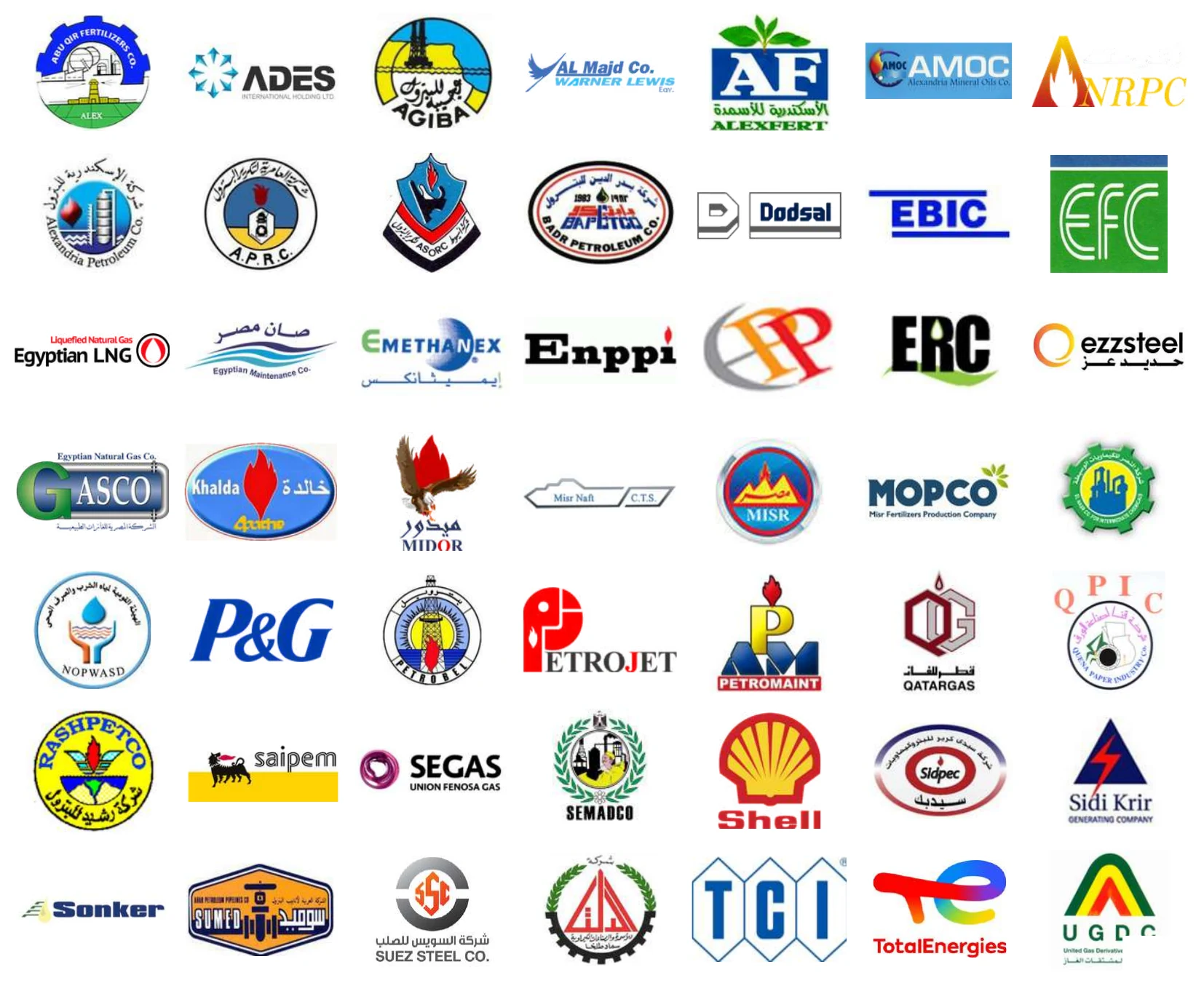 Clients across Egypt and the Gulf, including Shell, Enppi, SIDPEC, Sumed, Petrobel, ASORC and Abu Qir Fertilizers